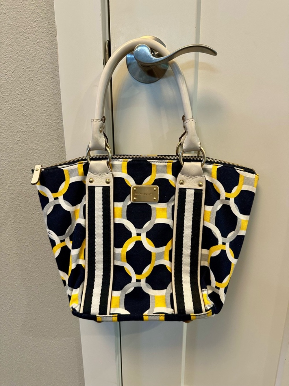 Michael Kors Navy, Yellow & White Geometric Canvas Tote